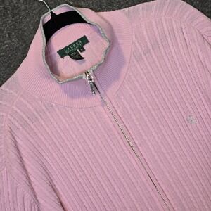 Lauren Polo Ralph Lauren Full Zip Cable Knit Sweater Pink Mock Neck Sz XL